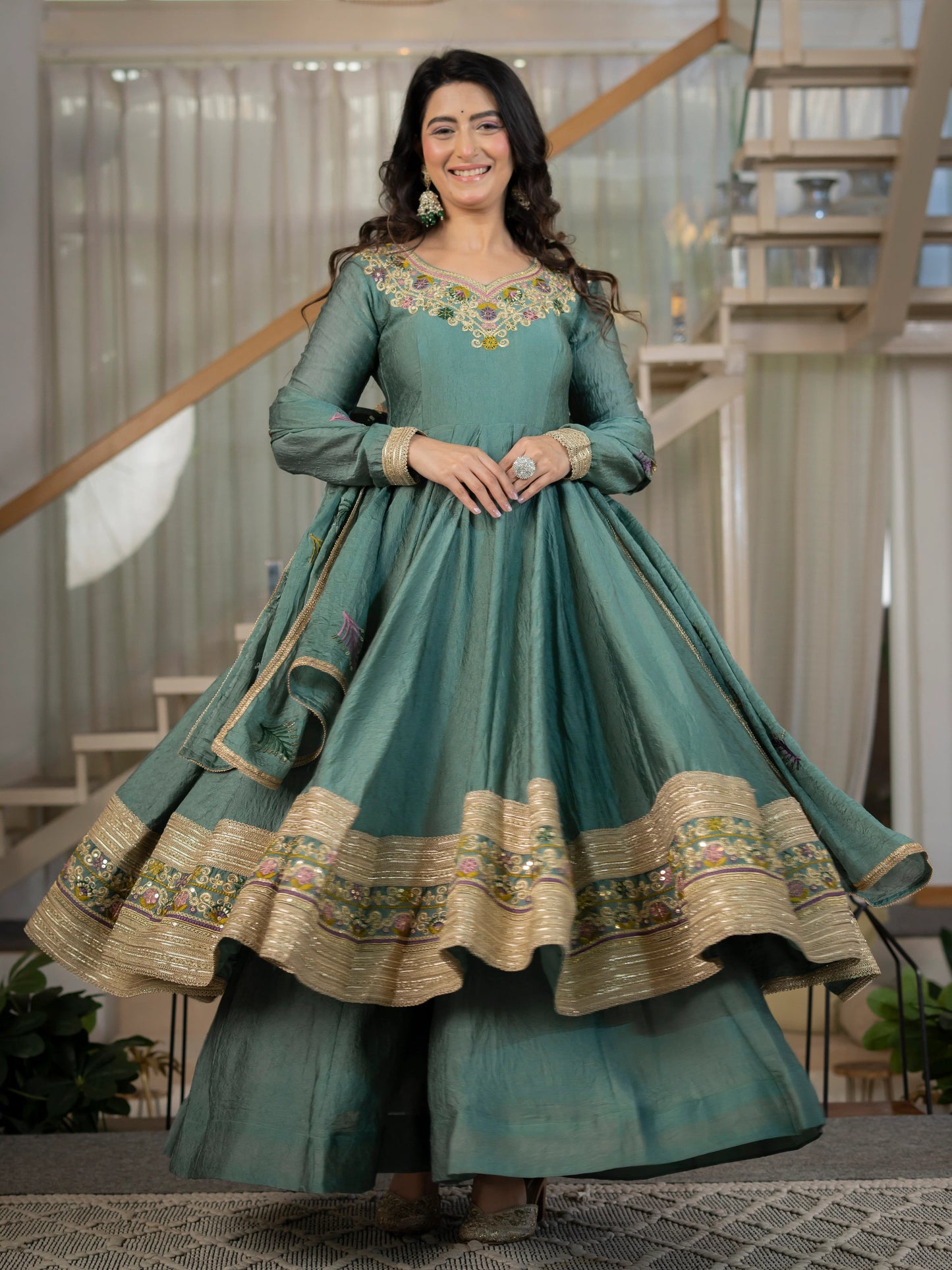 Premium Heavy Rangoli Crush Designer Anarkali Suit Set with Embroidery