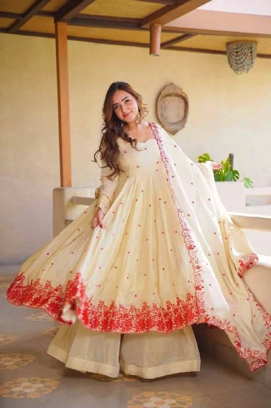 Amrapali Trend Pure Cosmos Silk Anarkali Sharara Set with Embroidered Dupatta