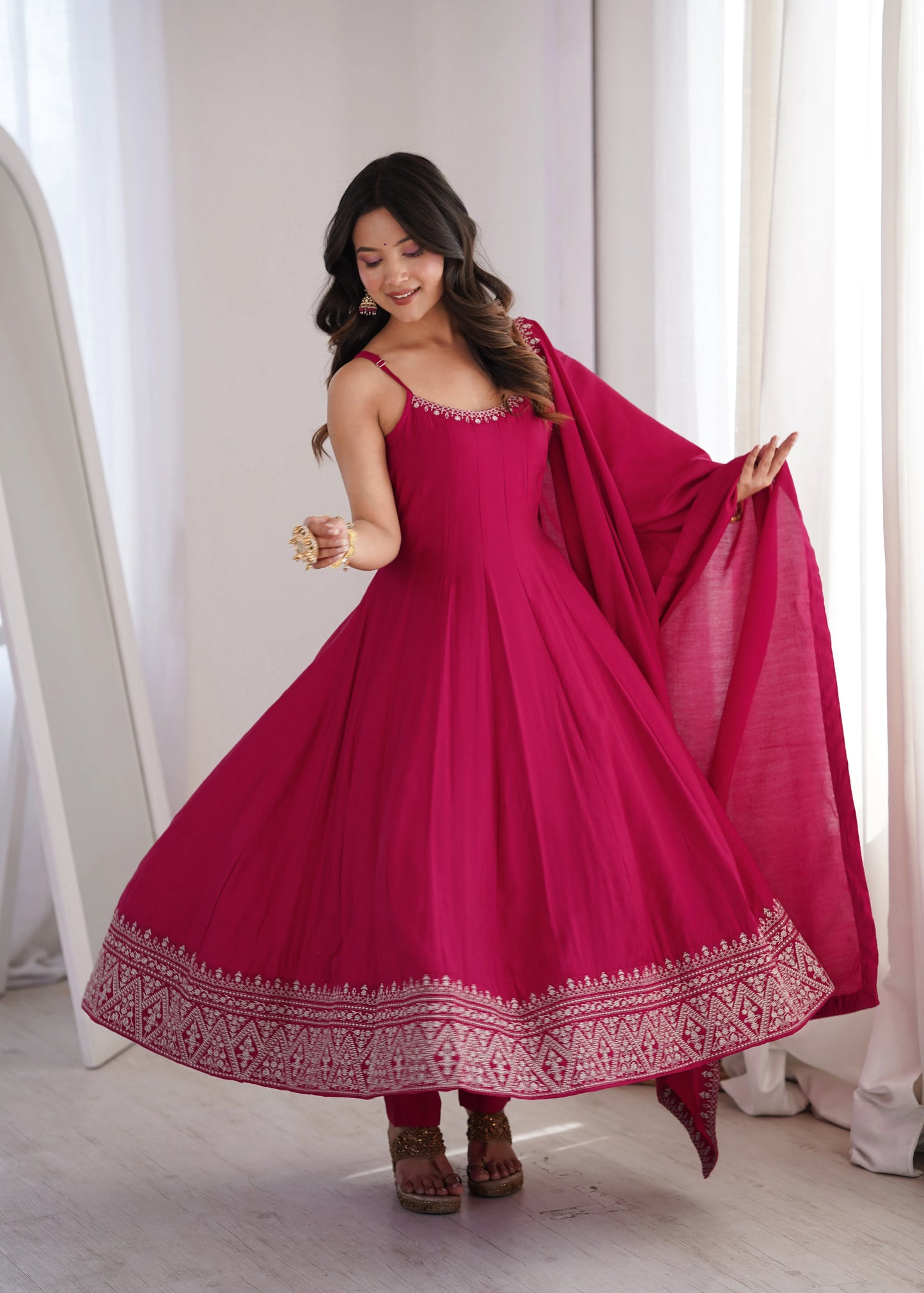 Amrapali Trend Premium Roman Silk Chanderi Anarkali Suit Set with Pant & Dupatta