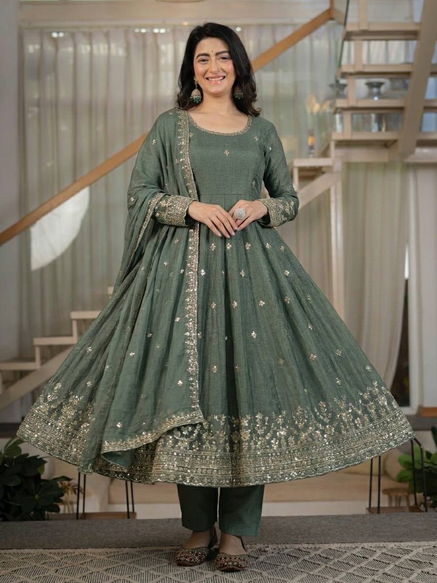 Amrapali Trend Women's Heavy Crunchy Silk Anarkali Suit Set with Embroidered Dupatta