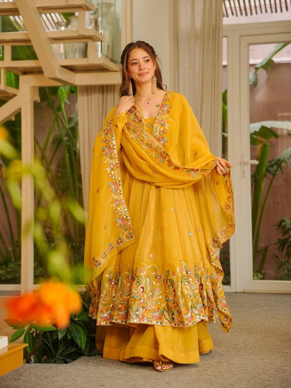 Amrapali Trend Elegant Crunchy Silk Anarkali Suit Set with Palazzo & Embroidered Dupatta for Women