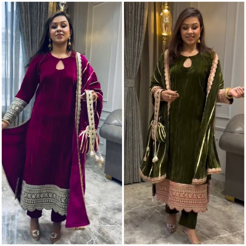 Maroon and Green Velvet Kurta Set with Embroidered Detailing