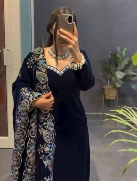 Stylish navy blue velvet suit with dupatta