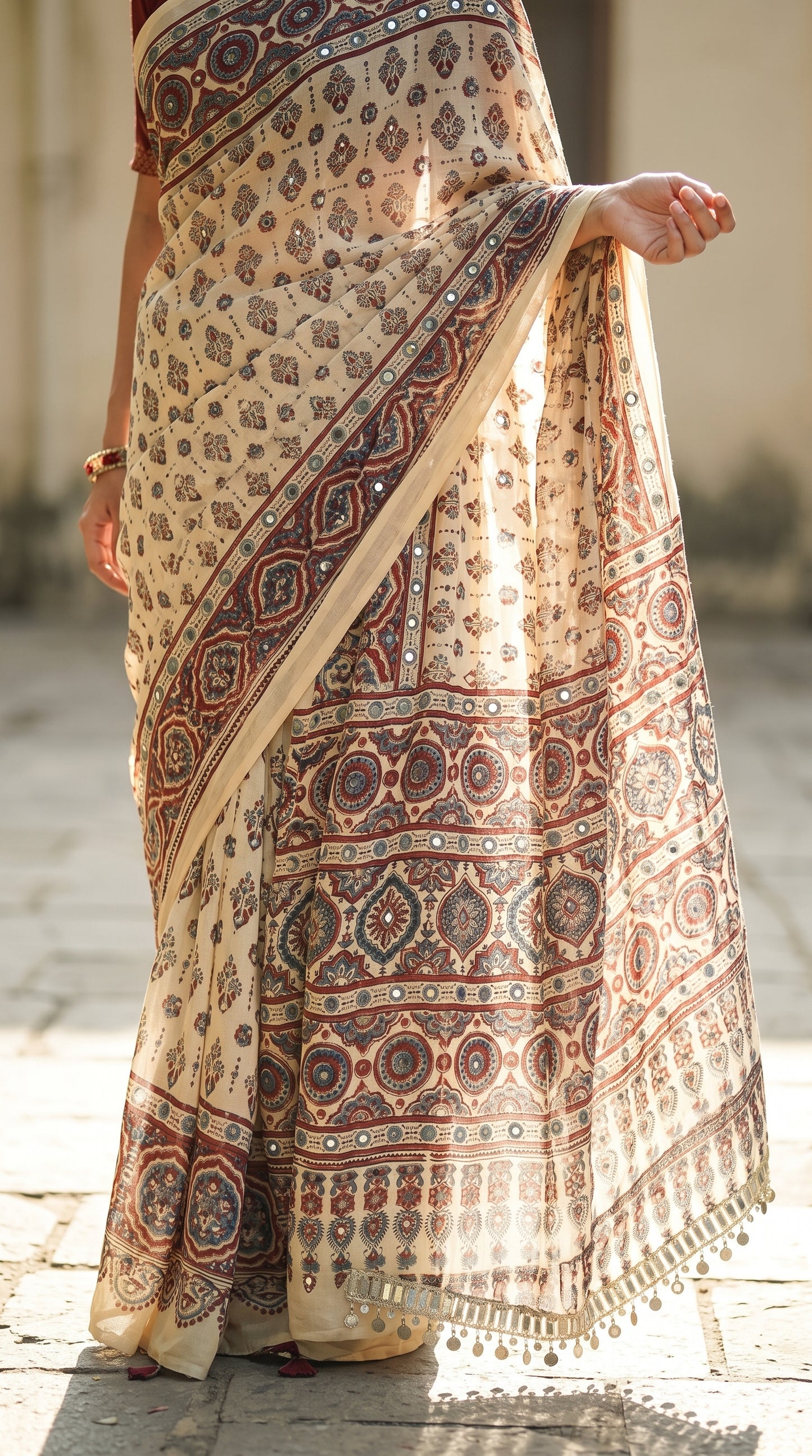 Cream Ajrak Print Semi Modal Silk Saree with Traditional Designer Border