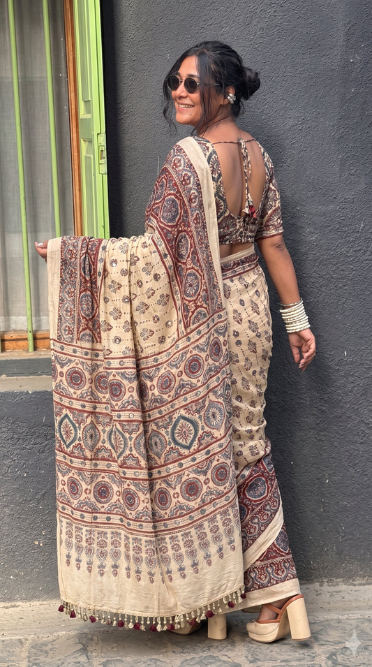 Cream Ajrak Print Semi Modal Silk Saree with Traditional Designer Border