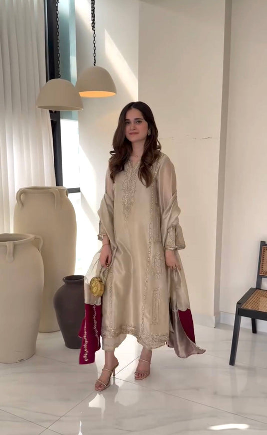 Beige embroidered Gmy silk suit side view with plazzo and dupatta