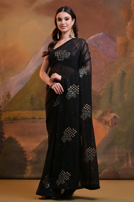 Black Soft Georgette designer saree with lining sequence embroidery work front view for party wear.