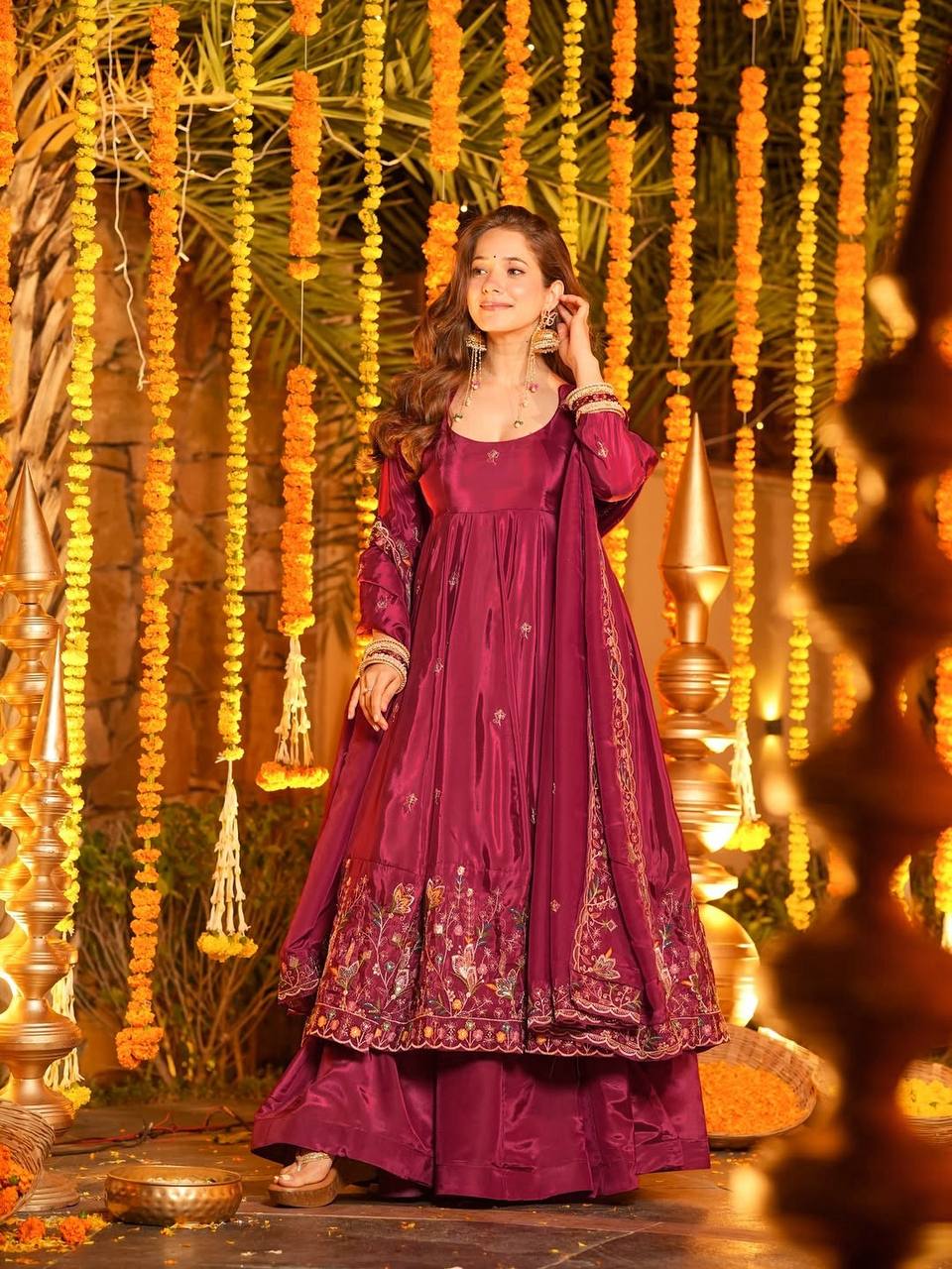 Premium Maroon Embroidered Crepe Silk Anarkali Suit with Dupatta | Festive & Wedding Wear