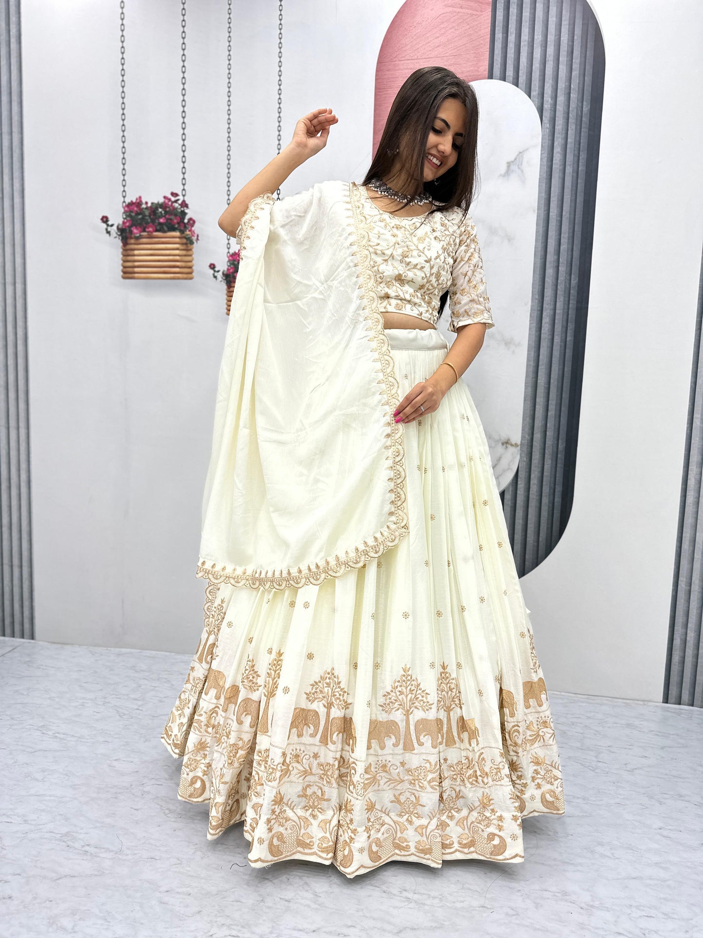 Off White Party Wear Chinon Silk Lehenga Choli with Matching Dupatta