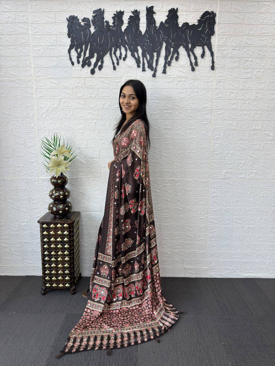 Luxury Cream Ajrak Print Saree for Festive & Cultural Occasions