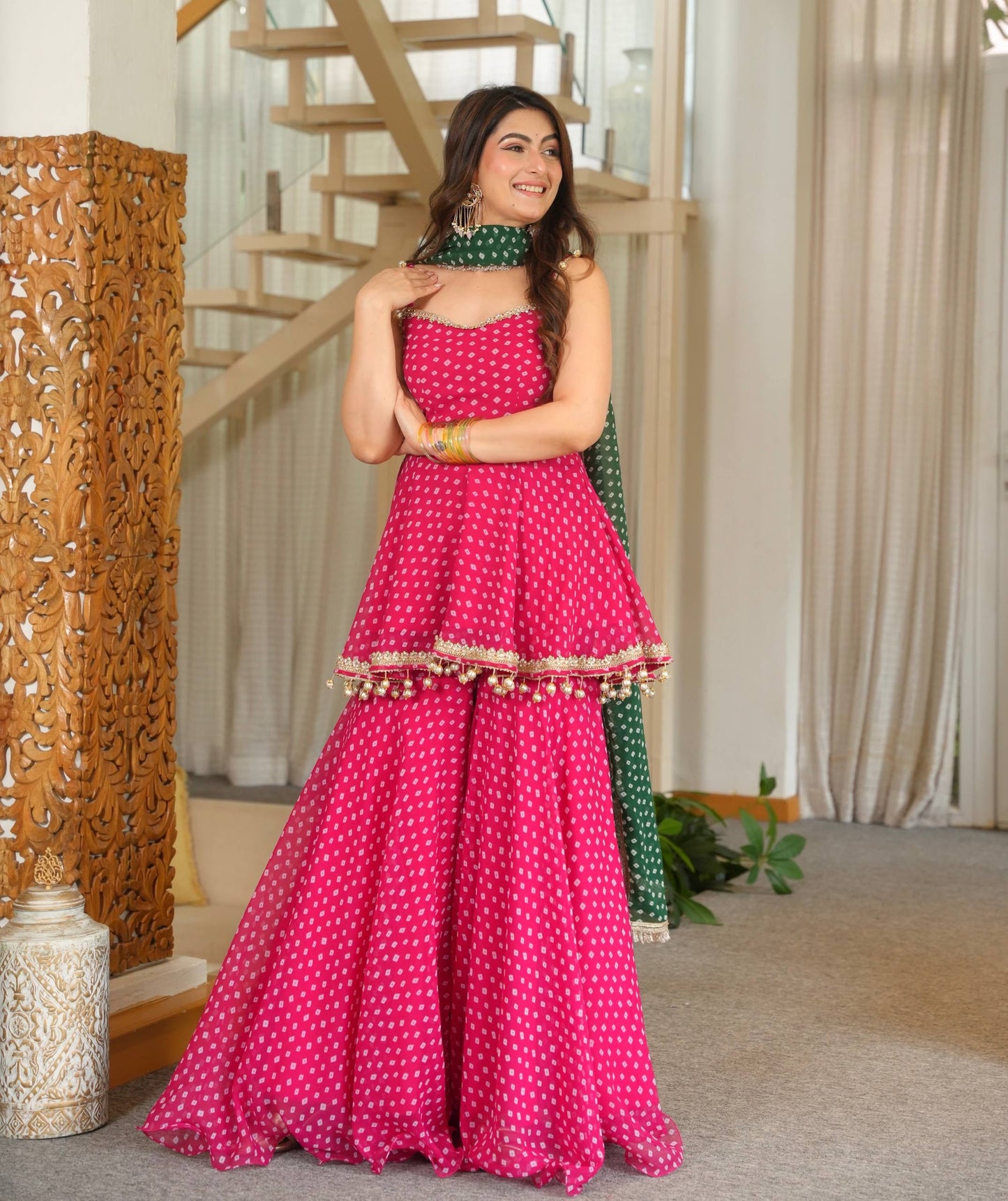 Designer Bandhej Print Kediya Palazzo Set With Dupatta