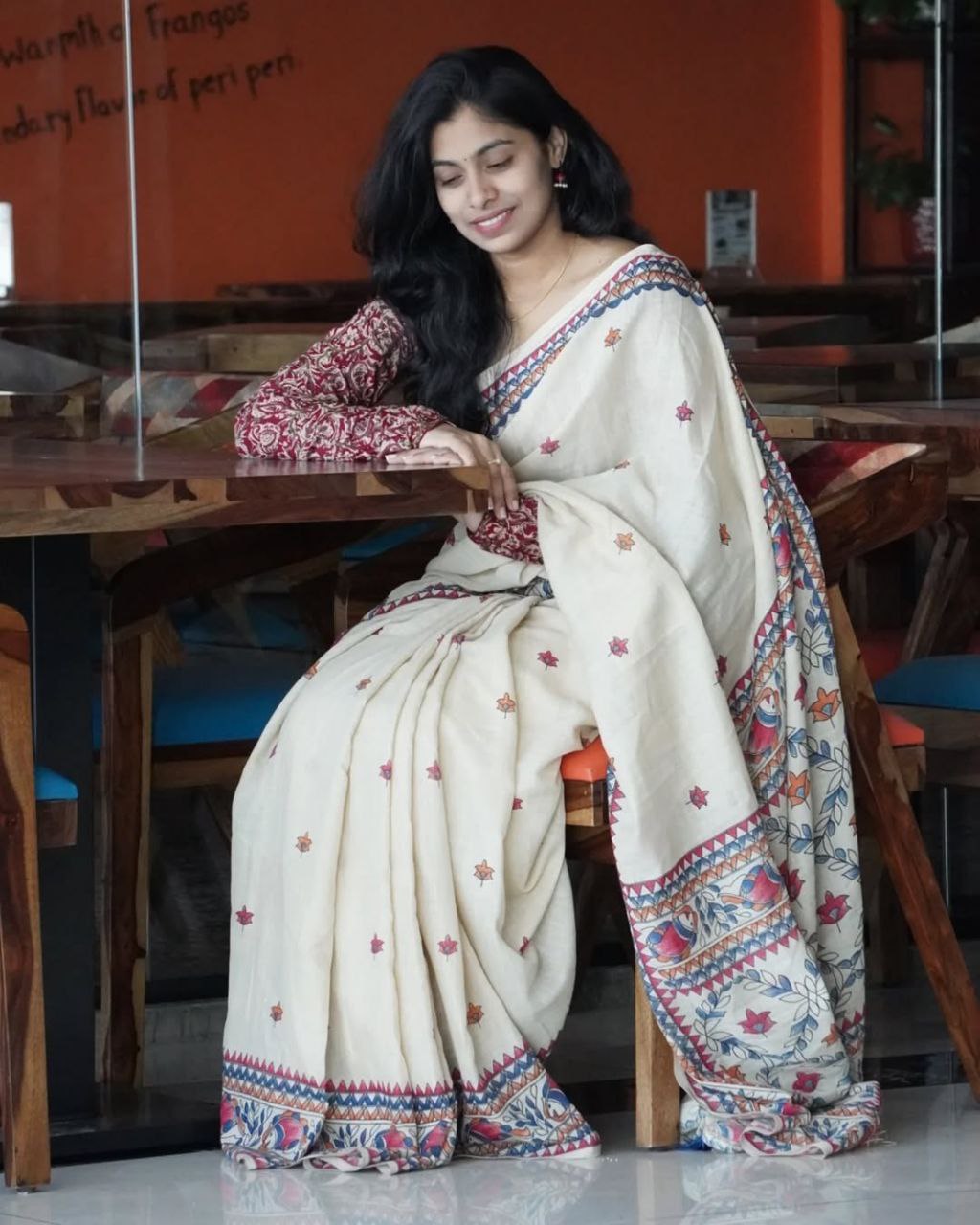 Premium Off White Linen Cotton Saree with Colorful Floral Border and Soft Linen Blouse