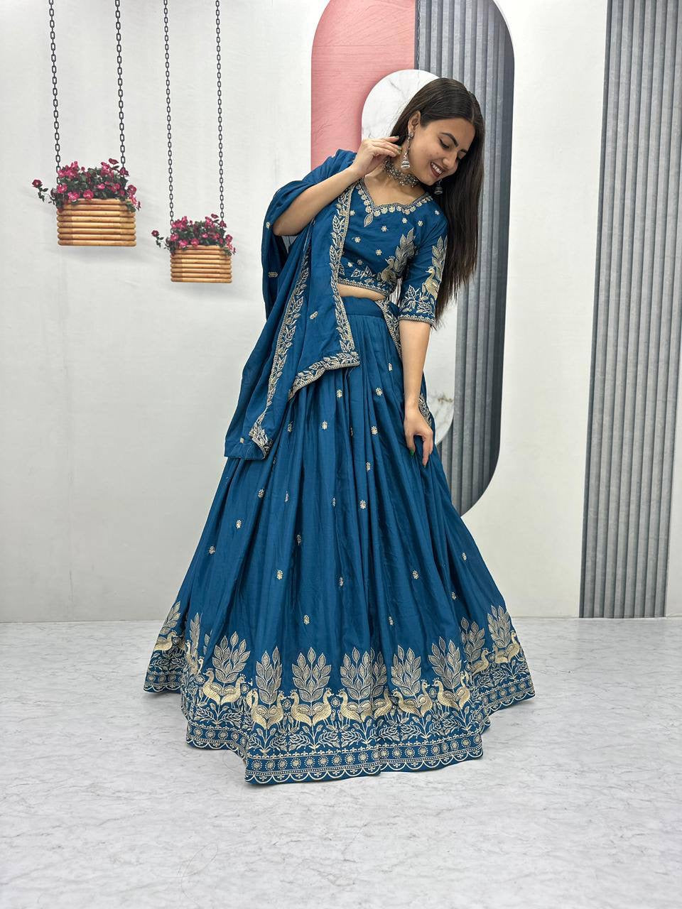 Premium Rama Blue Festive Wear Lehenga Choli with Embroidered Dupatta for Women
