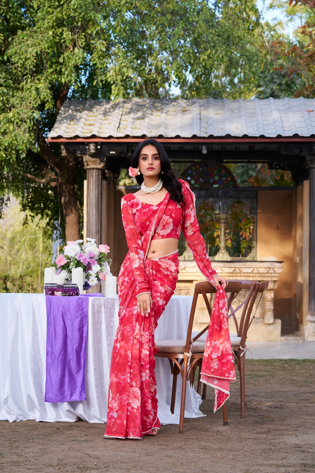 Premium red soft georgette floral printed saree with unstitched blouse