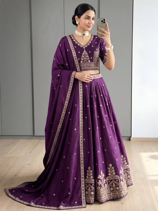 Royal Purple Chinon Silk Lehenga Choli with Heavy Embroidery Work and Dupatta