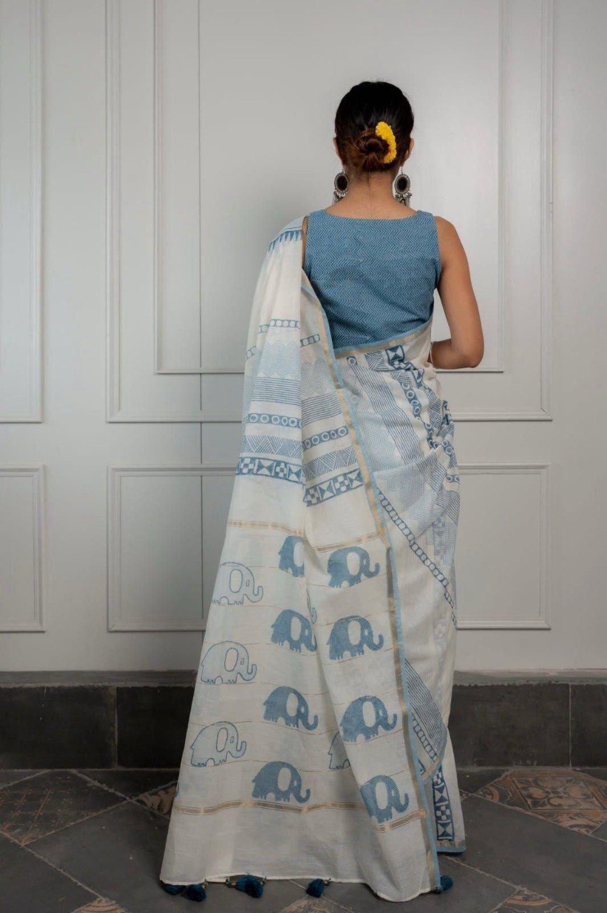 Soft white and sky blue linen cotton saree perfect for party, festive and traditional occasions
