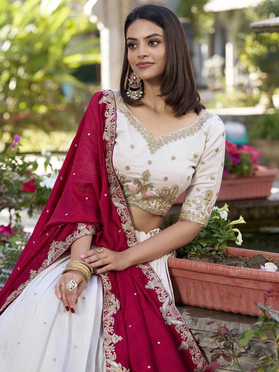 Buy white designer lehenga choli with pink dupatta online for women