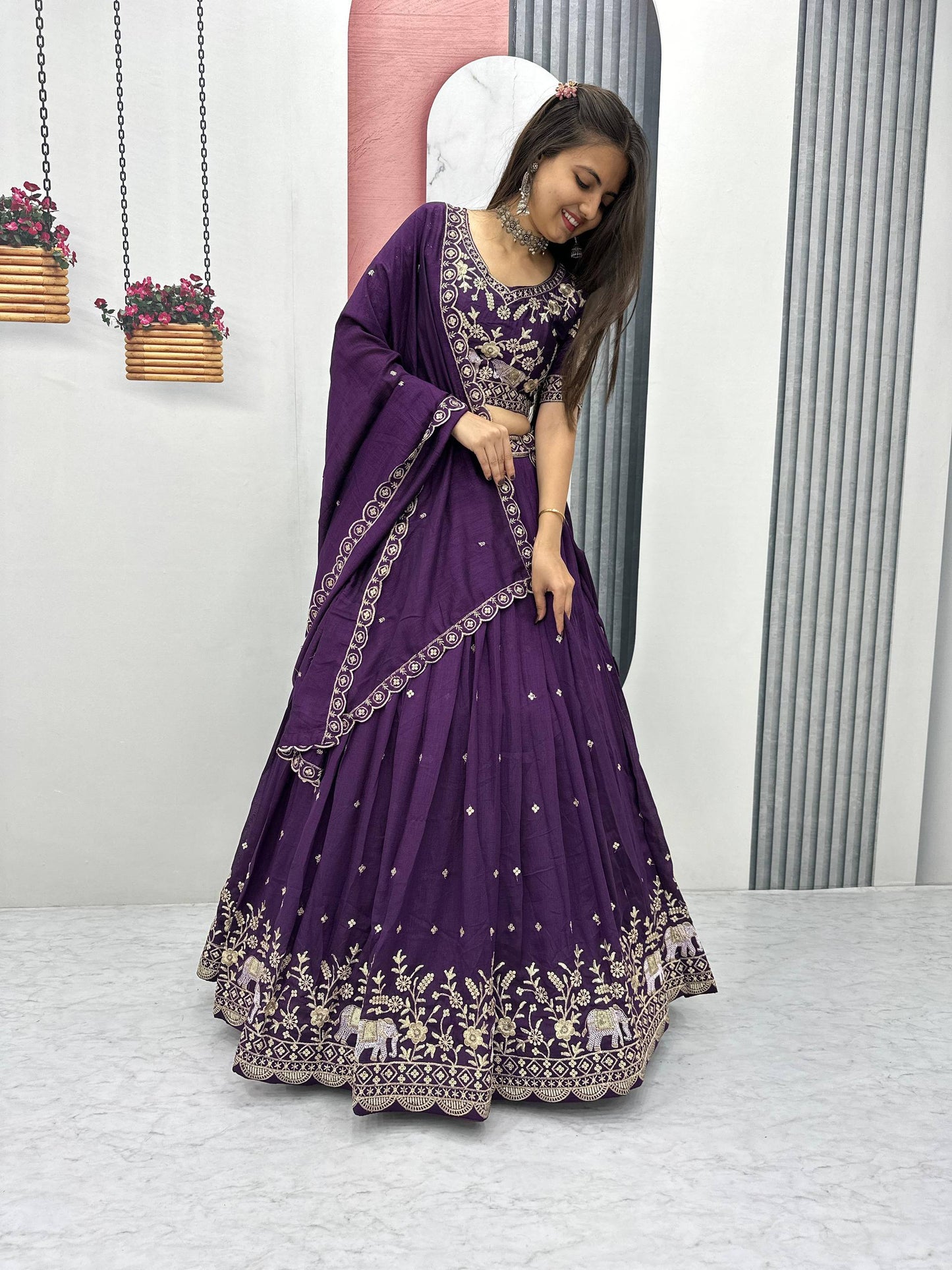 Wine Color Party Wear Pure Chinon Lehenga Choli with Embroidered Dupatta