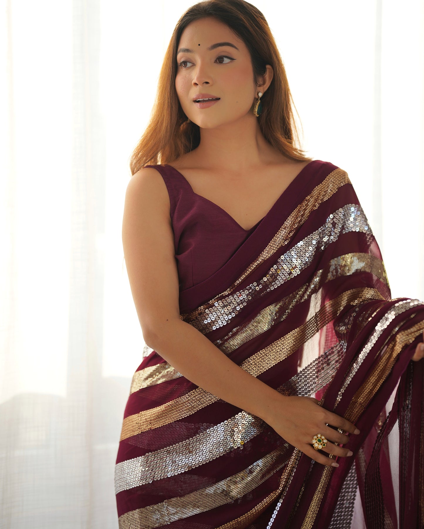 Premium wine designer georgette saree for wedding, reception and party wear