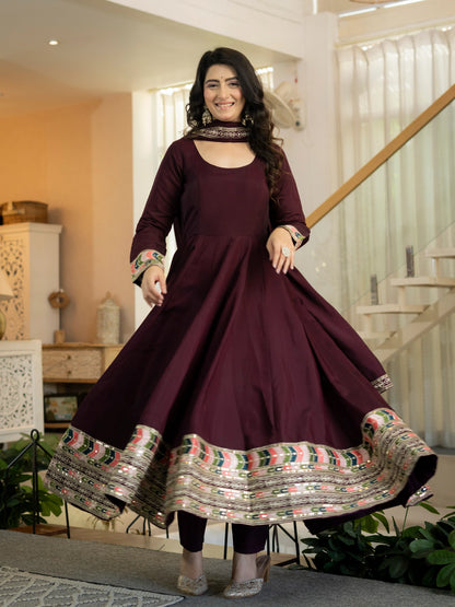 Designer Heavy Roman Silk Embroidered Anarkali Suit Set with Pant & Dupatta