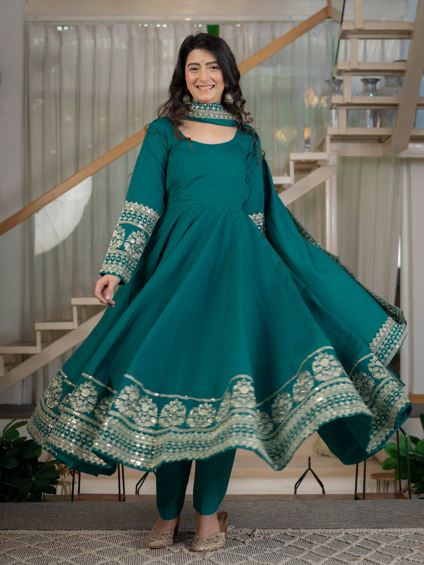 Amrapali Trend Heavy Roman Cotton Silk Embroidered Anarkali Suit Set with Pant & Dupatta