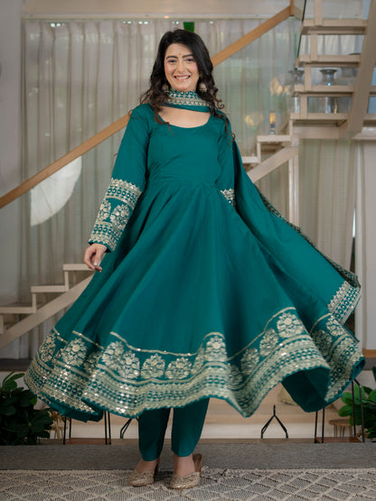 Amrapali Trend Heavy Roman Cotton Silk Embroidered Anarkali Suit Set with Pant & Dupatta