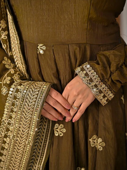 Amrapali Trend Olive Green NC Vichitra Fabric Fully Embroidered Anarkali Suit Set with Dupatta – Festive & Wedding Wear