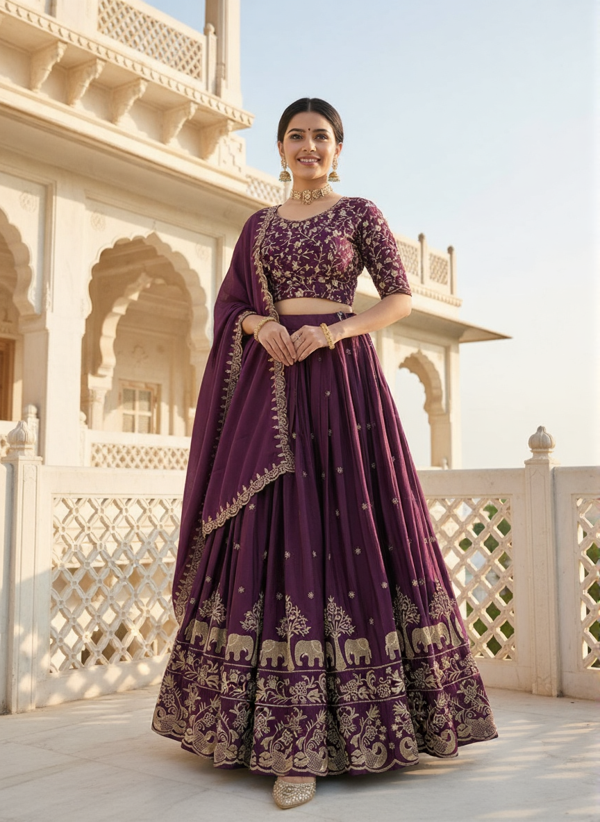 Premium Chinon Lehenga Choli Set | Heavy Thread Embroidery Wedding Lehenga