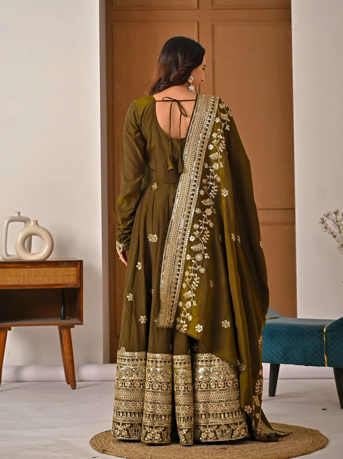 Amrapali Trend Olive Green NC Vichitra Fabric Fully Embroidered Anarkali Suit Set with Dupatta – Festive & Wedding Wear