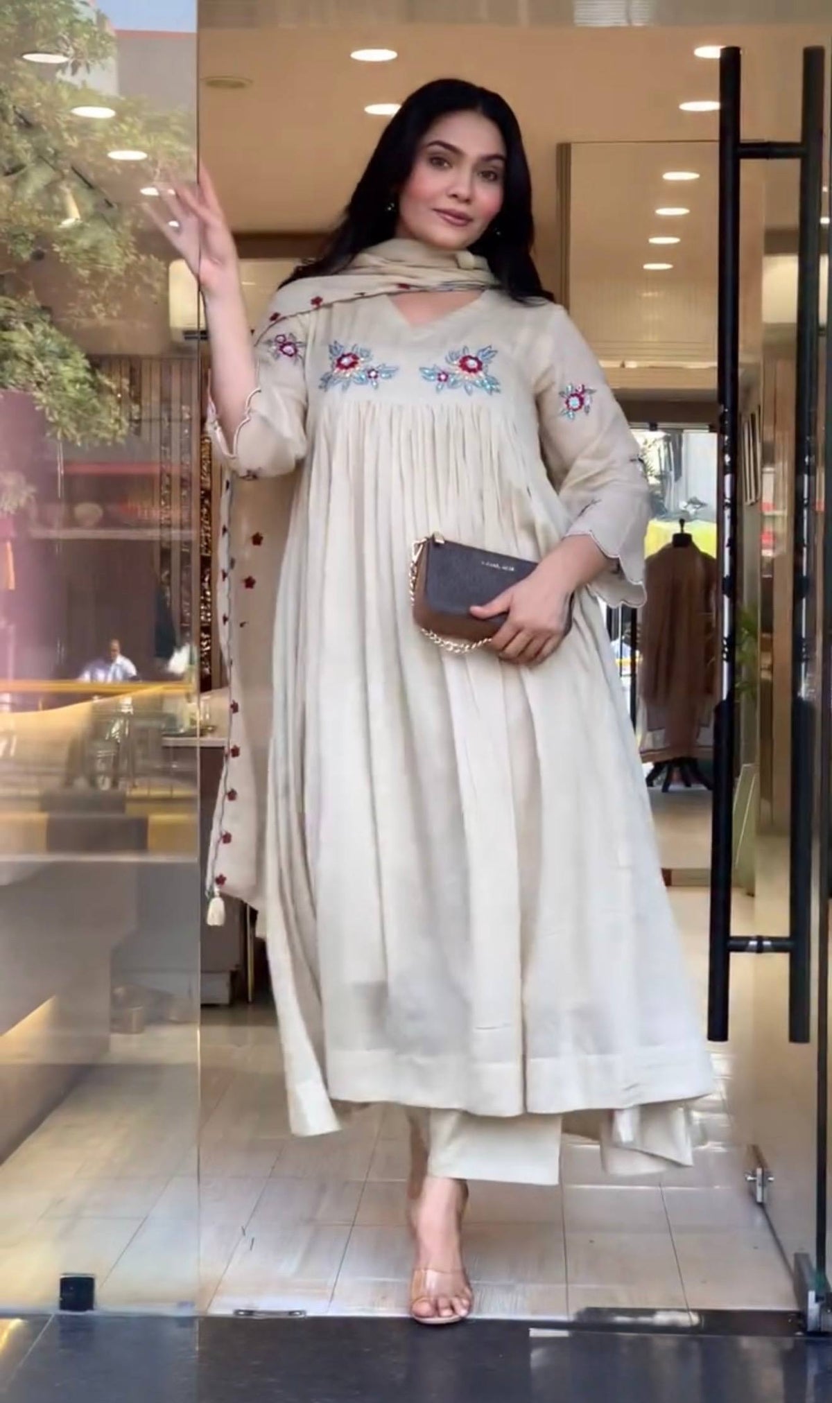 Designer Party Wear & Festival Look | Pure Mulmul Roman Kurti Pant & Dupatta Set