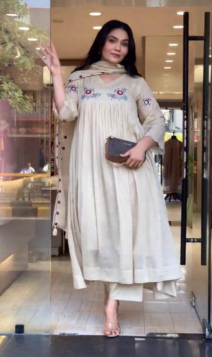 Designer Party Wear & Festival Look | Pure Mulmul Roman Kurti Pant & Dupatta Set