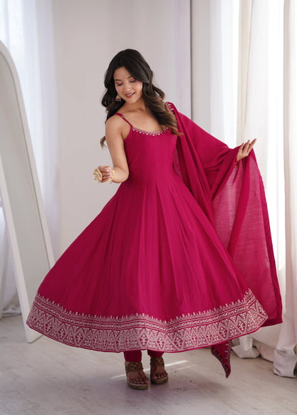 Amrapali Trend Premium Roman Silk Chanderi Anarkali Suit Set with Pant & Dupatta