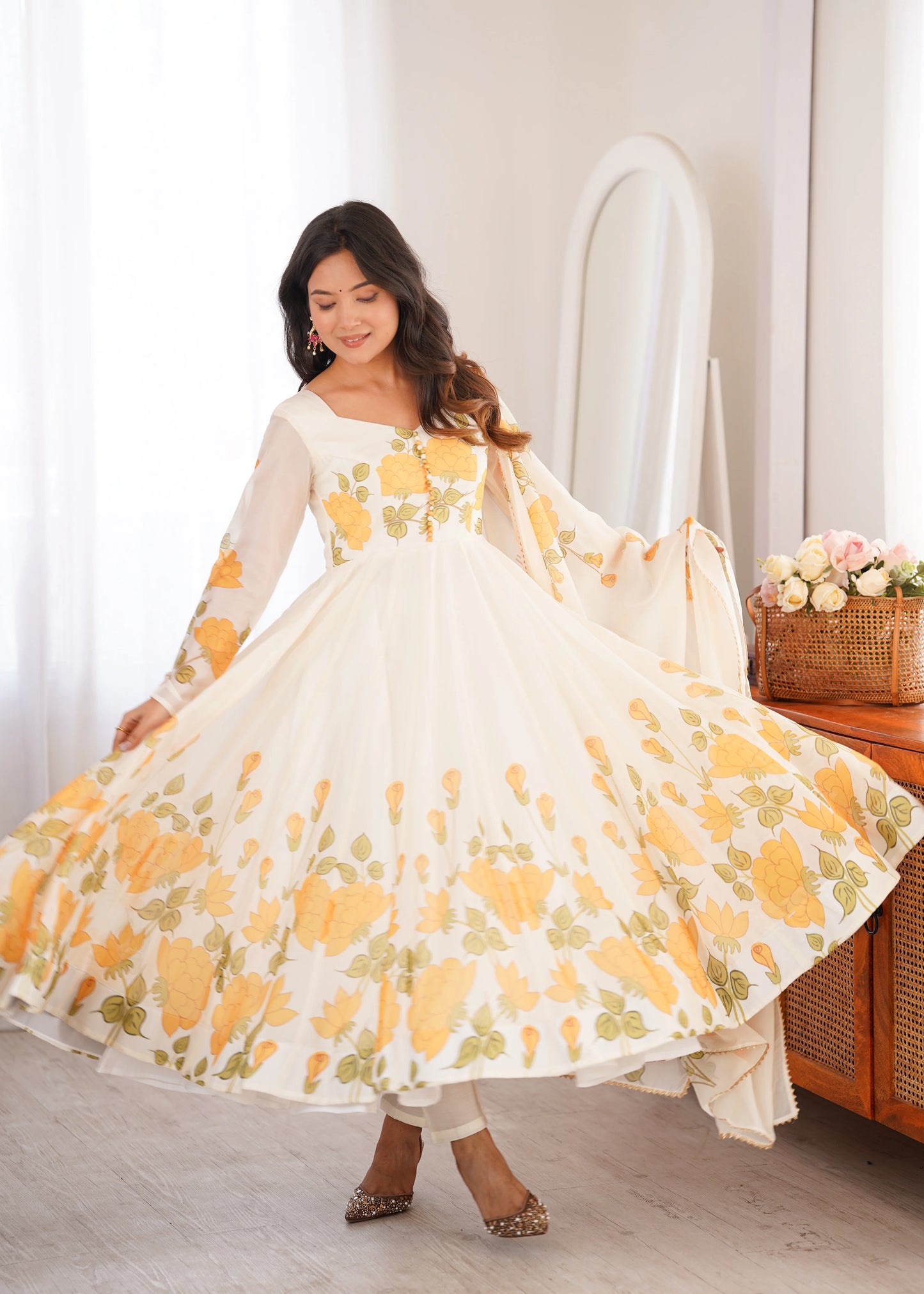 Amrapali Trend Women's Heavy Organza Silk Floral Print Anarkali Gown Set with Dupatt