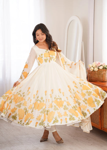 Amrapali Trend Women's Heavy Organza Silk Floral Print Anarkali Gown Set with Dupatt