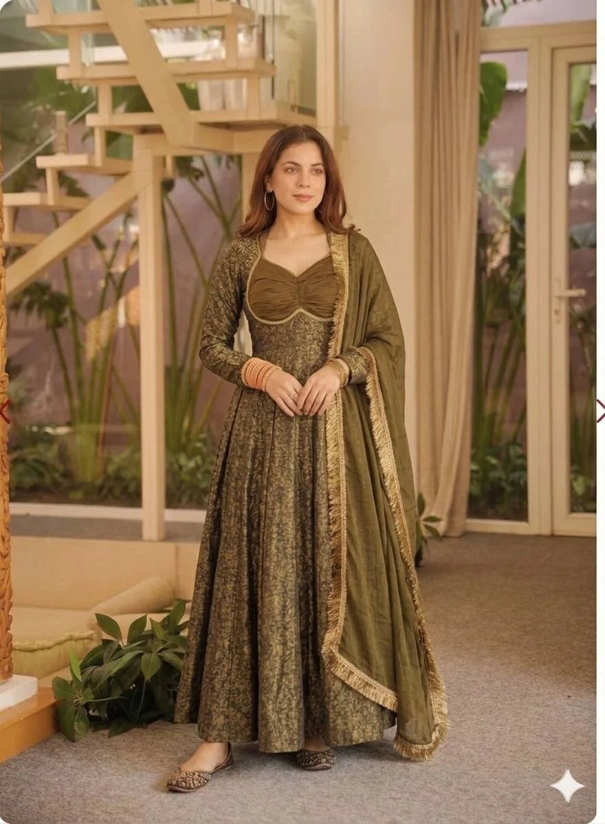 Amrapali Trend Women's Floral Brocade Jacquard Anarkali Suit Set with Pant & Dupatta