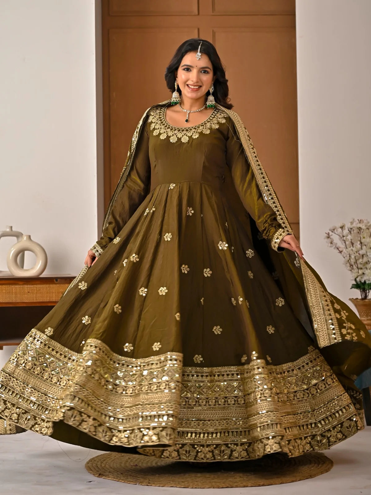 Amrapali Trend Olive Green NC Vichitra Fabric Fully Embroidered Anarkali Suit Set with Dupatta – Festive & Wedding Wear