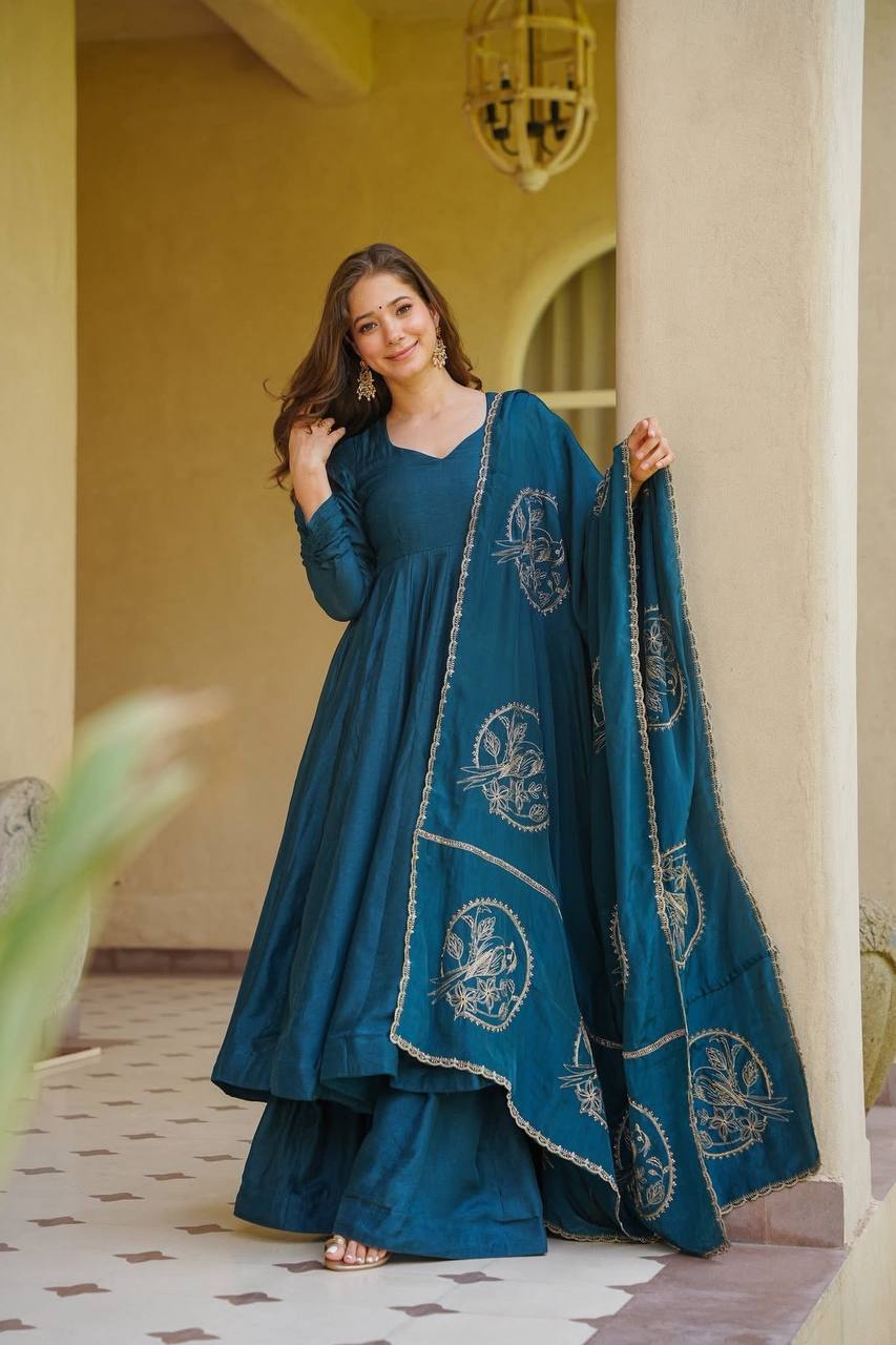 Amrapali Trend Women's Heavy Vichitra Silk Embroidered Anarkali Suit Set with Palazzo & Dupatta
