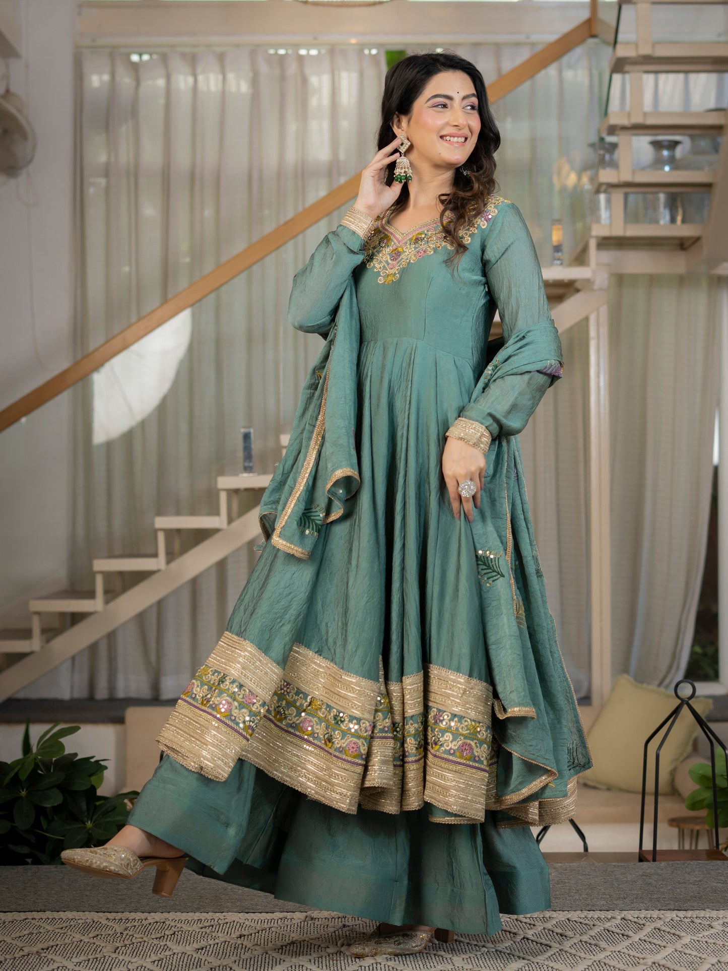 Premium Heavy Rangoli Crush Designer Anarkali Suit Set with Embroidery