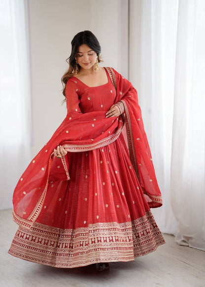 Amrapali Trend Fully Flared Rust Anarkali Gown in Pure Crunchy Silk | Party & Wedding Wear