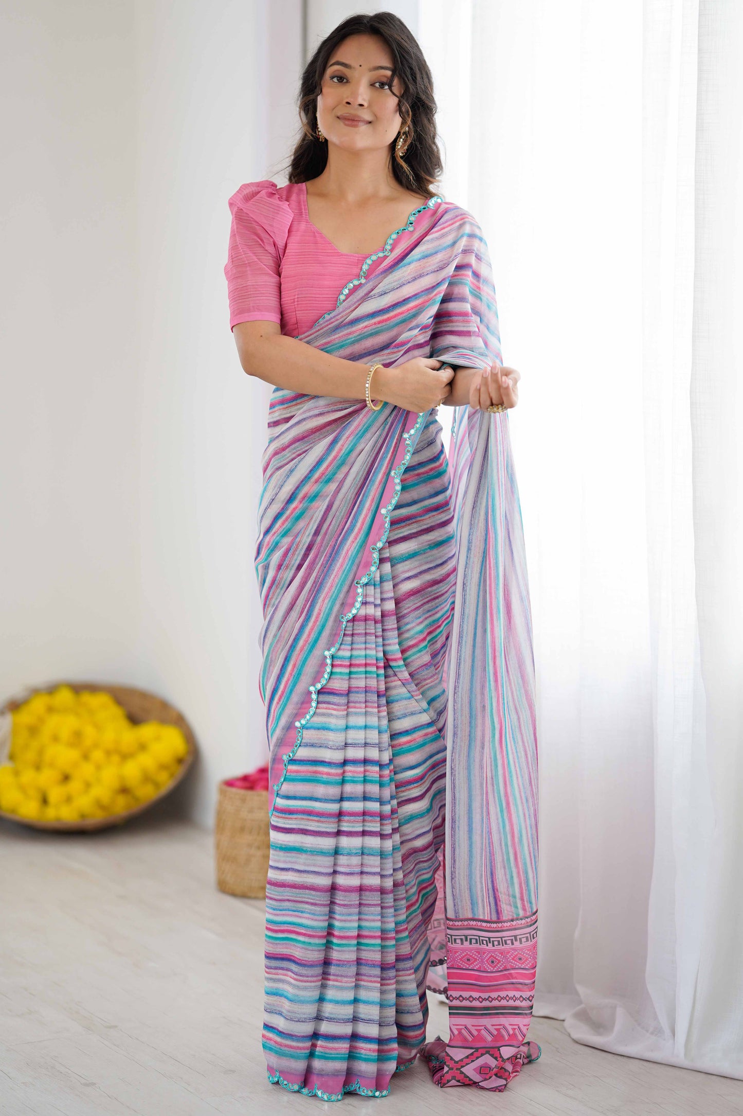 Purple Heavy Georgette Printed Saree with Mirror Work Border | Designer Party Wear Saree for Women