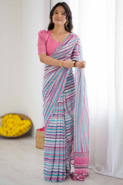 Purple Heavy Georgette Printed Saree with Mirror Work Border | Designer Party Wear Saree for Women