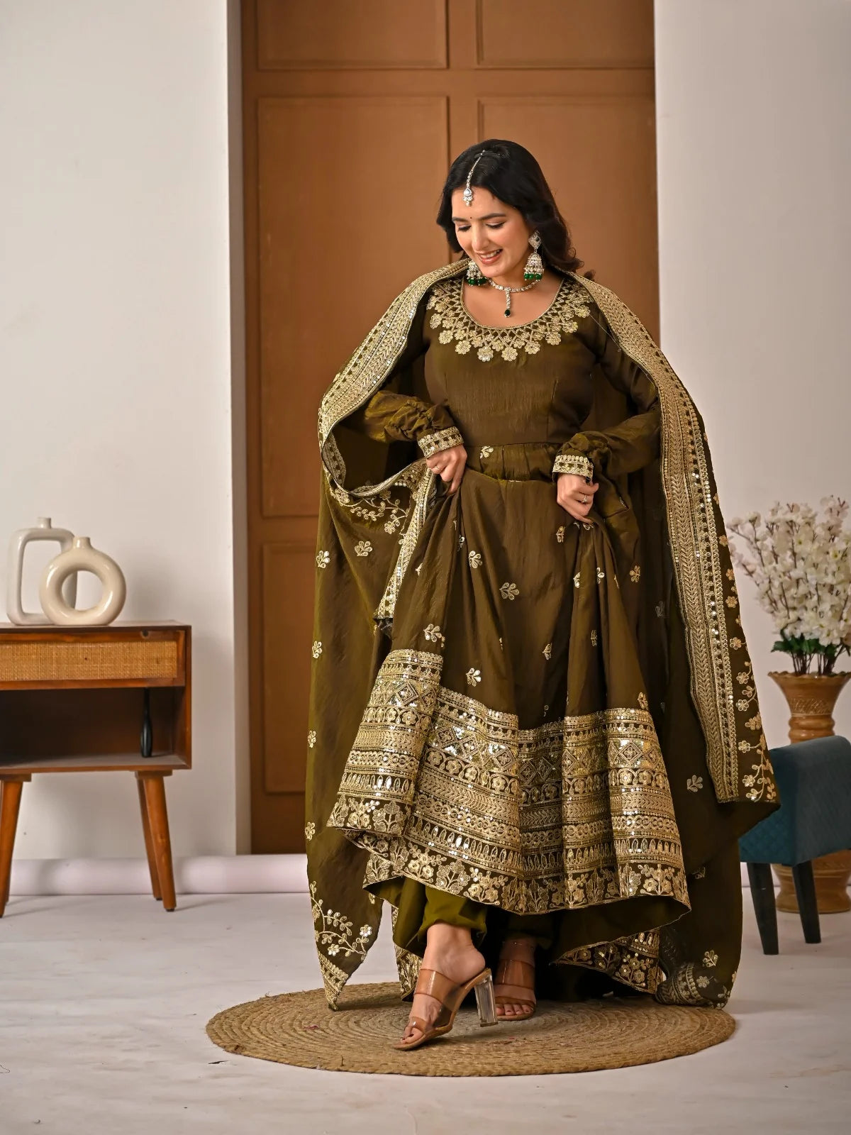 Amrapali Trend Olive Green NC Vichitra Fabric Fully Embroidered Anarkali Suit Set with Dupatta – Festive & Wedding Wear