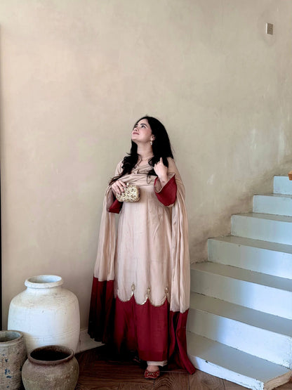 Designer Pure Roman Silk Kaftan with Bell Sleeves, Palazzo & Lace Border Dupatta – Party & Festive Wear