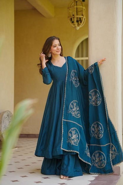 Amrapali Trend Women's Heavy Vichitra Silk Embroidered Anarkali Suit Set with Palazzo & Dupatta