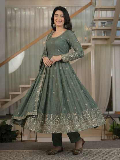 Amrapali Trend Women's Heavy Crunchy Silk Anarkali Suit Set with Embroidered Dupatta