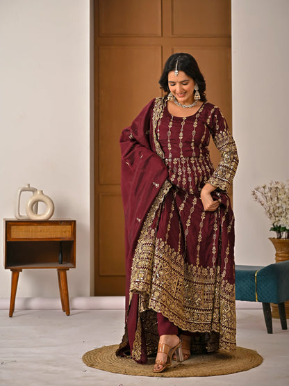Amrapali Trend Maroon Heavy Embroidered Kurta Palazzo Set with Dupatta | Wedding & Festive Wear