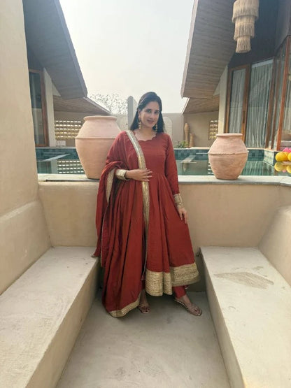 Amrapali Trend Heavy NC Vichitra Embroidered Anarkali Suit Set with Pant & Sequence Dupatta