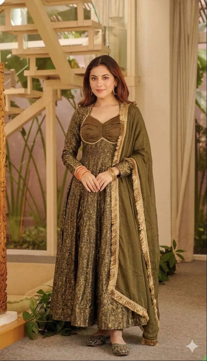 Amrapali Trend Women's Floral Brocade Jacquard Anarkali Suit Set with Pant & Dupatta