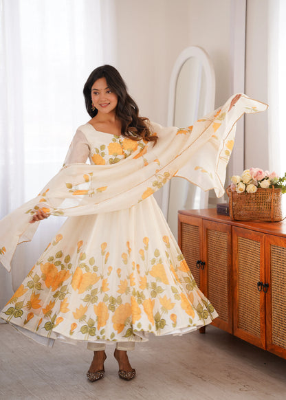 Amrapali Trend Women's Heavy Organza Silk Floral Print Anarkali Gown Set with Dupatt