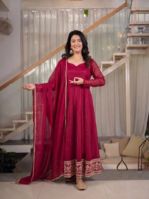 Amrapali Trend Heavy Crunchy Silk Embroidered Anarkali Kurta Set with Pant & Dupatta